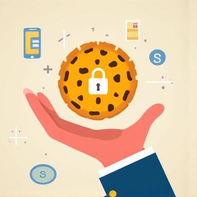 Una mano sosteniendo una galleta digital con un icono de candado, representando la gestión de cookies y privacidad.
